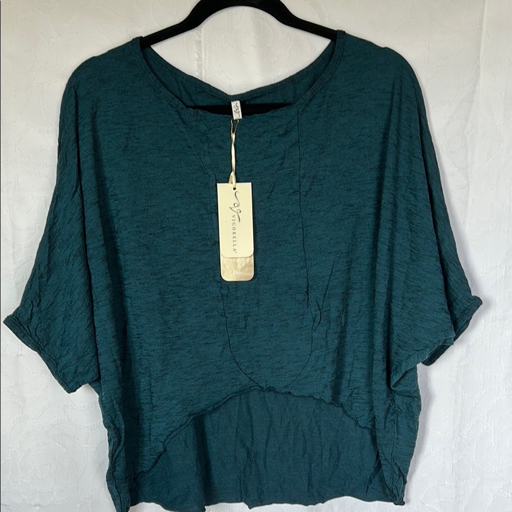 NWT VIGORELLA teal striped kimono style tee women top. Sz S/M Merino wool blend.